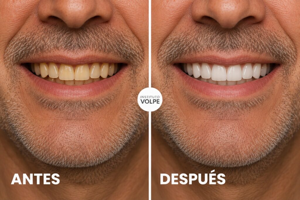 antes y después de un blanqueamiento dental de un hombre de 55 años