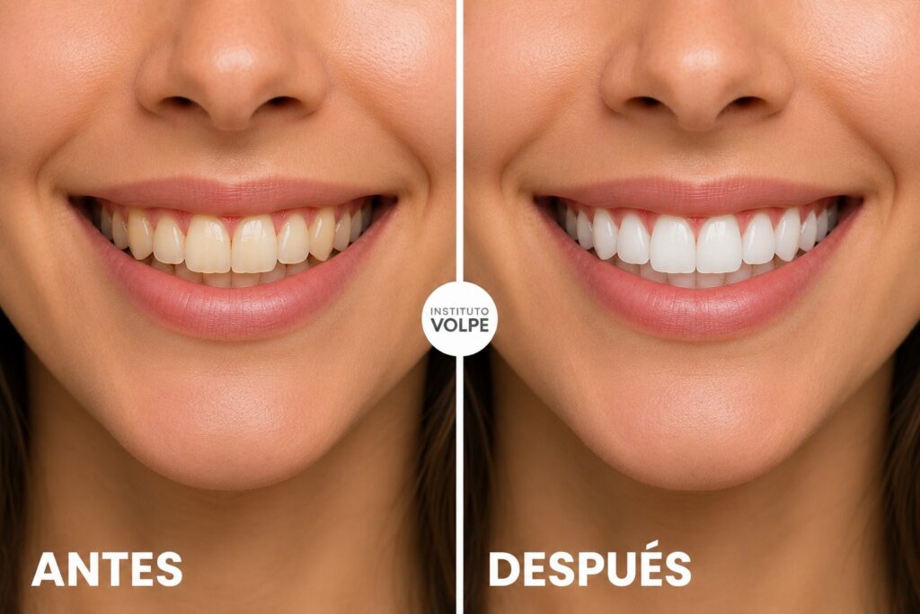 antes y después de un blanqueamiento dental de una chica joven