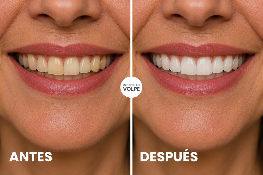antes y después de un blanqueamiento dental de una mujer de 50 años